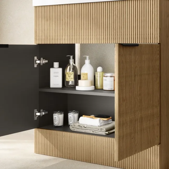Havana Fluted Country Oak Basin Vanity and Back To Wall Toilet Unit 1300mm (Excludes Toilet) - Black Accents
