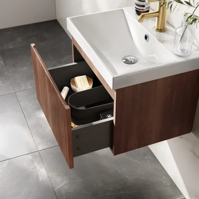 Malta Fluted Black Walnut Wall Hung Basin Drawer Vanity 500mm