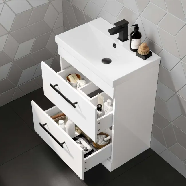 Avon Gloss White Basin Drawer Vanity 600mm - Black Accents