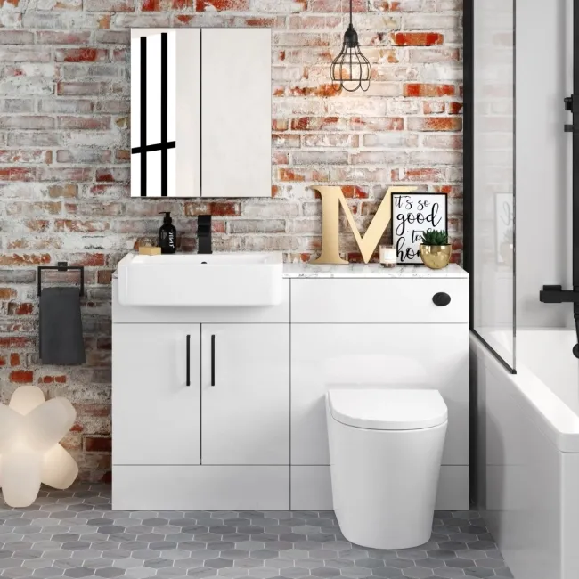 Harper Gloss White Combination Vanity Basin with Marble Top & Boston Toilet 1200mm - Black Accents