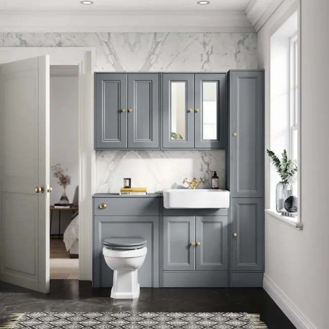Monaco Dove Grey Basin Vanity and Back To Wall Toilet Unit 1200mm (Excludes Pan & Cistern) - Brushed Brass Accents