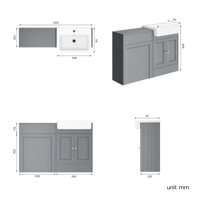 Monaco Dove Grey Basin Vanity and Back To Wall Toilet Unit 1200mm (Excludes Pan & Cistern) - Brushed Brass Accents