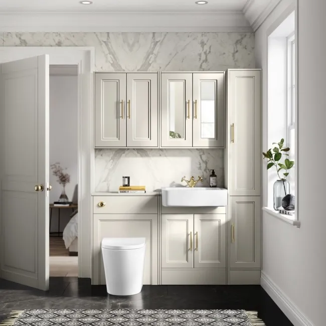 Monaco Chalk White Combination Vanity Basin and Boston Toilet 1200mm - Brass Knurled Handles