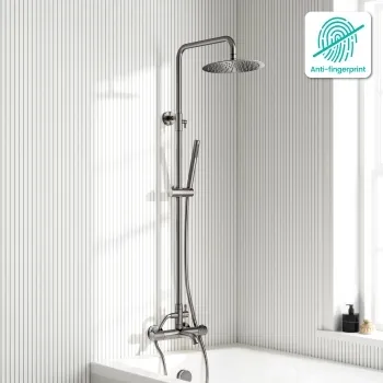 Suir Premium Round Brushed Gunmetal Thermostatic Bath Filler Shower Set with Knurled Detailing