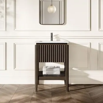 Maru Black Oak Wood Grain Vanity Unit & Matt White Stone Basin 600mm