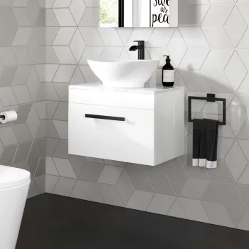 Avon Gloss White Wall Hung Drawer Vanity with Marble Top & Oval Counter Top Basin 600mm - Black Accents