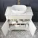 Lucia Chalk White Vanity with Marble Top & Curved Counter Top Basin 840mm - Brass Knurled Handles