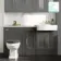 Monaco Graphite Grey Combination Vanity Basin with Marble Top and Hudson Toilet with Wooden Seat 1500mm - Brass Knurled Handles