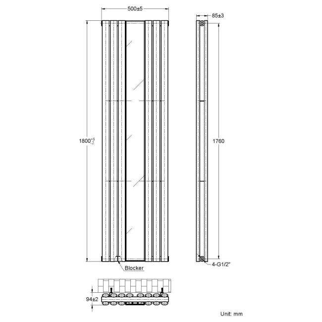 Marseille Anthracite Double Vertical Mirror Radiator 1800x500mm