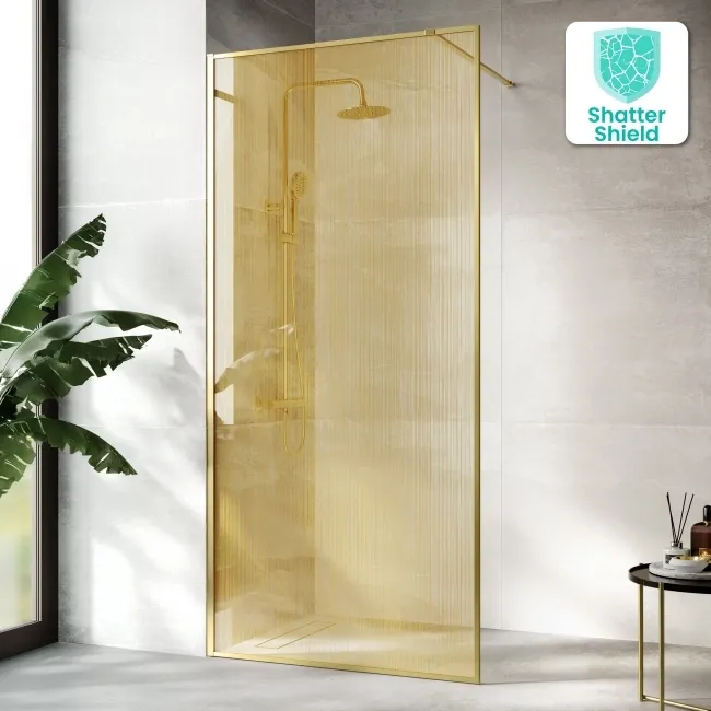 Munich Brushed Brass with Mesh Effect 8mm Wet Room Shower Glass Panel 1000mm
