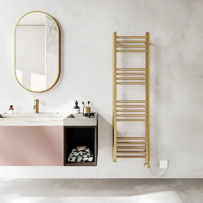 Barcelona Electric Brushed Brass Straight Heated Towel Rail 1400x400mm