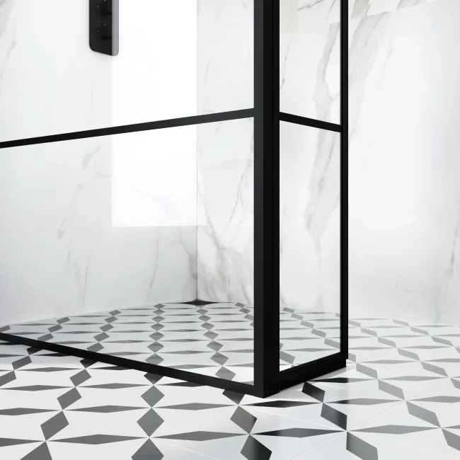 Munich Matt Black Grid 8mm Wet Room Shower Glass 1000mm & 250mm Pivotal Return Panel