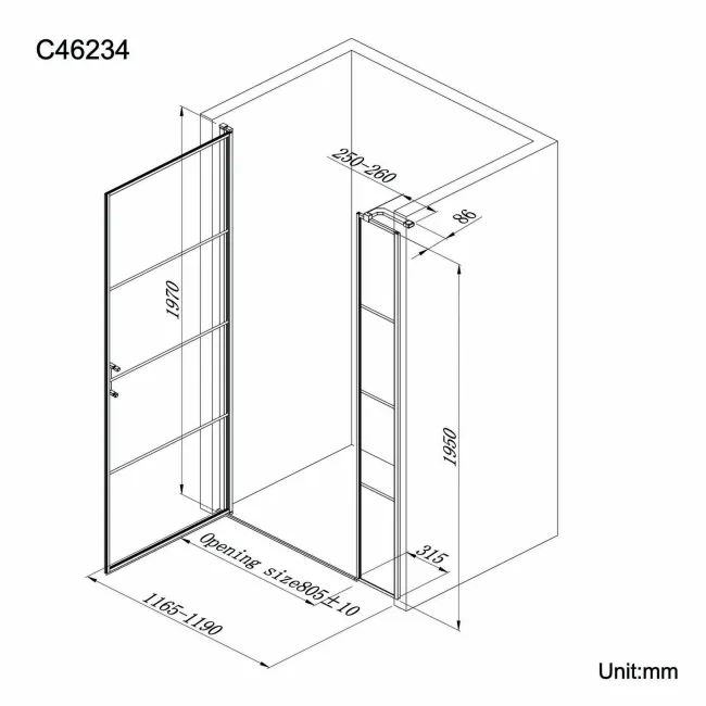 Toulon Matt Black Easy Clean 6mm Pivot Shower Door 1200mm