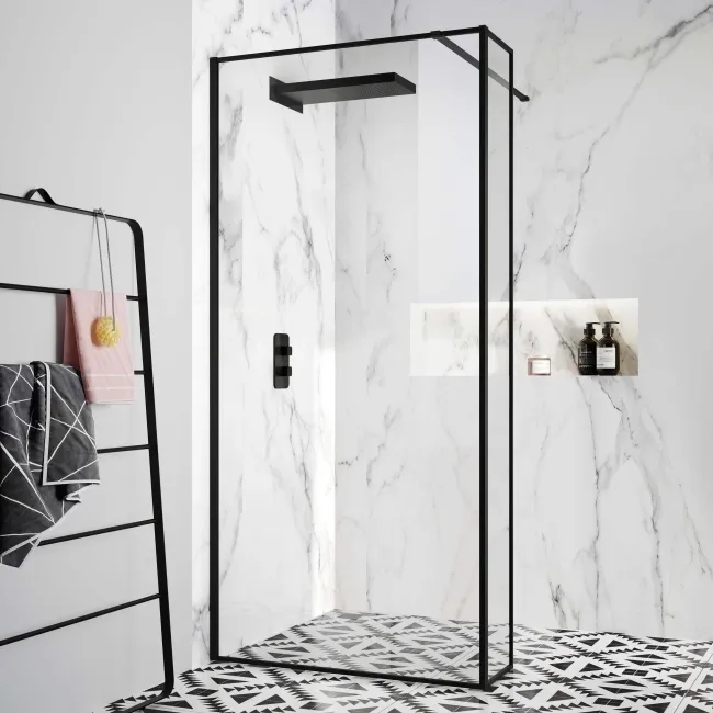 Munich Matt Black Framed 8mm Wet Room Shower Glass 1100mm & 250mm Return Panel