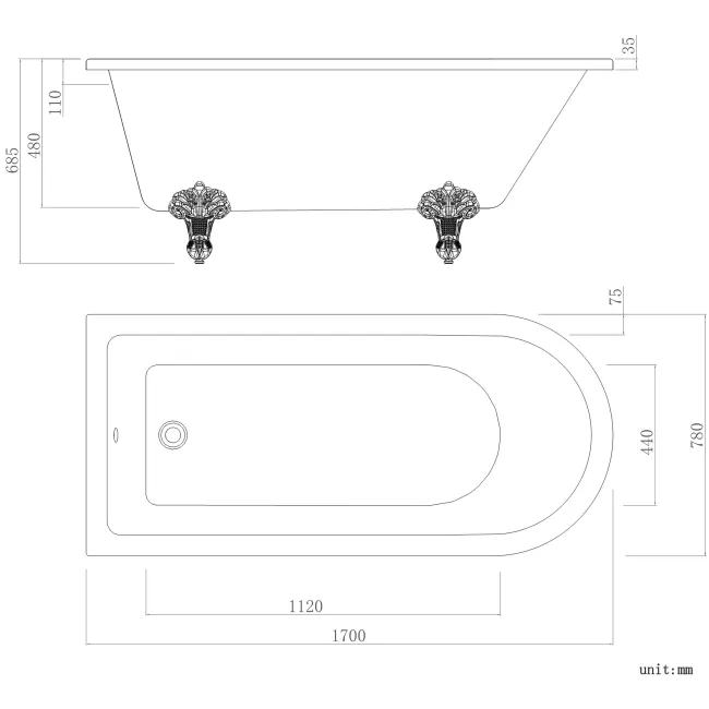 Abingdon 1700mm Single Ended Roll Top Bath - White Ball Feet
