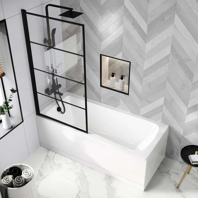 Hereford 1600x700 Square Shower Bath & 6mm Easy Clean Matt Black Grid Bath Screen