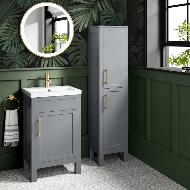 Bermuda Dove Grey Floor Standing Tall Cabinet 1500x350mm - Brass Knurled Handles