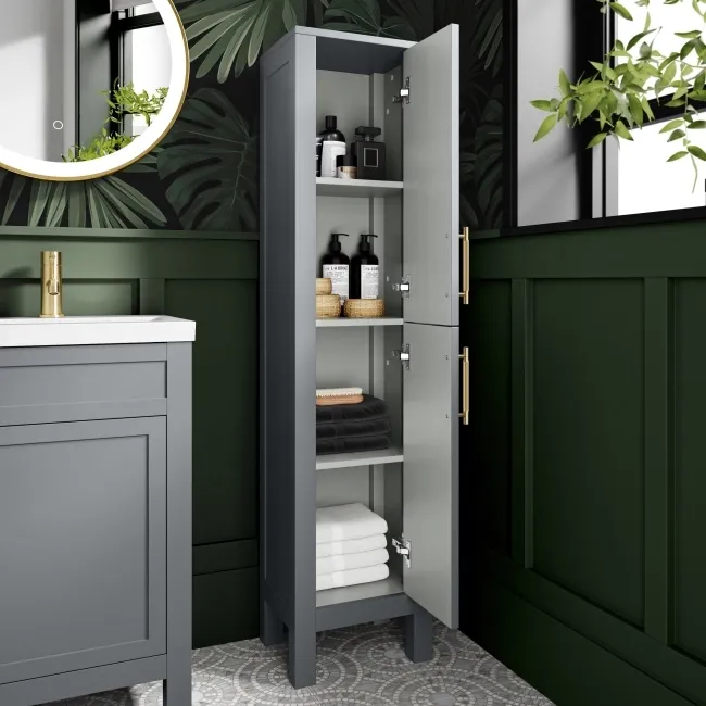 Bermuda Dove Grey Floor Standing Tall Cabinet 1500x350mm - Brass Knurled Handles