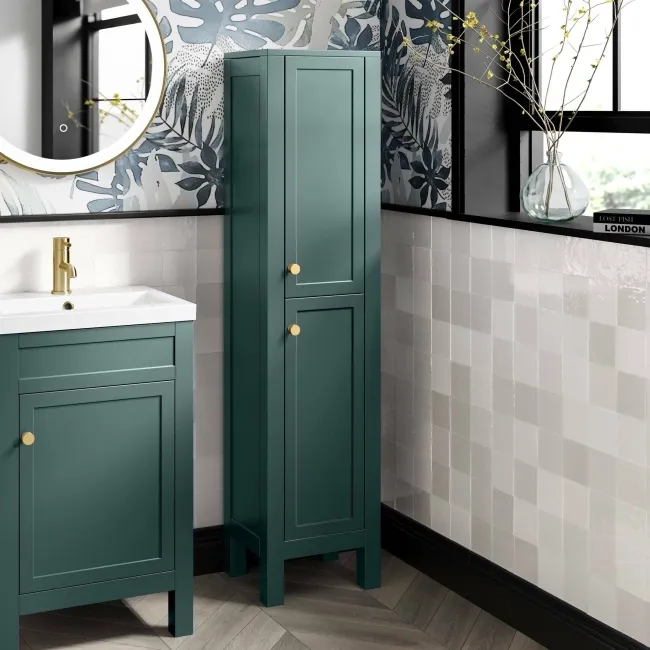 Bermuda Midnight Green Floor Standing Tall Cabinet 1500x350mm - Brushed Brass Accents