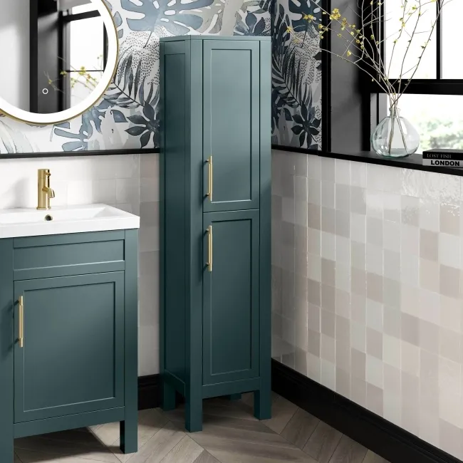 Bermuda Midnight Green Floor Standing Tall Cabinet 1500x350mm - Brass Knurled Handles