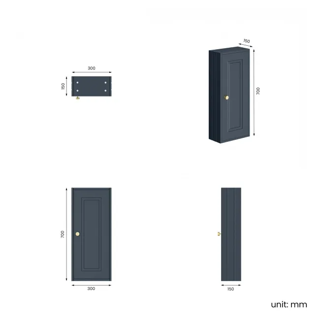 Inky Blue Wall Hung Cabinet 700x300mm - Brushed Brass Accents