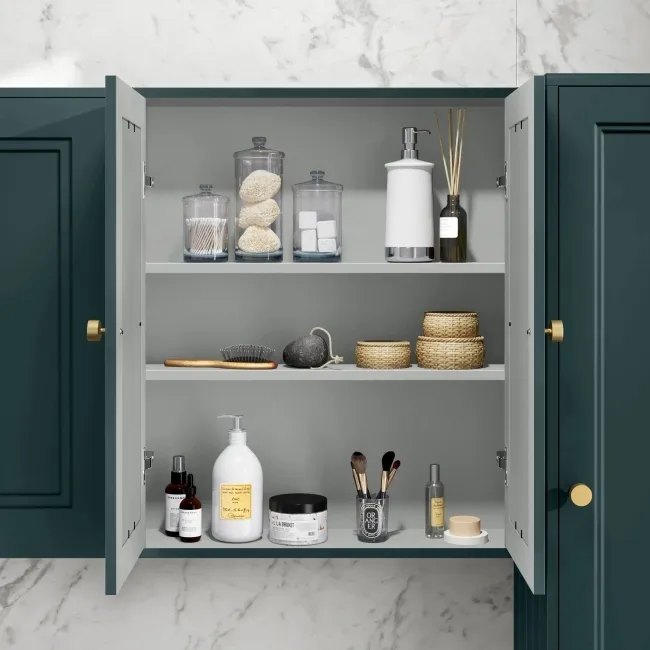 Midnight Green Wall Hung Mirror Cabinet 700x600mm - Brushed Brass Accents