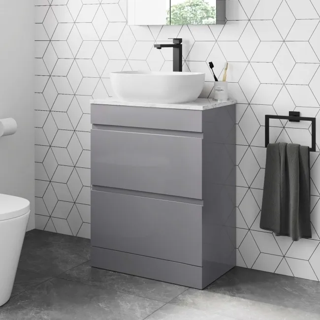 Trent Stone Grey Vanity Drawer with Marble Top & Curved Counter Top Basin 600mm