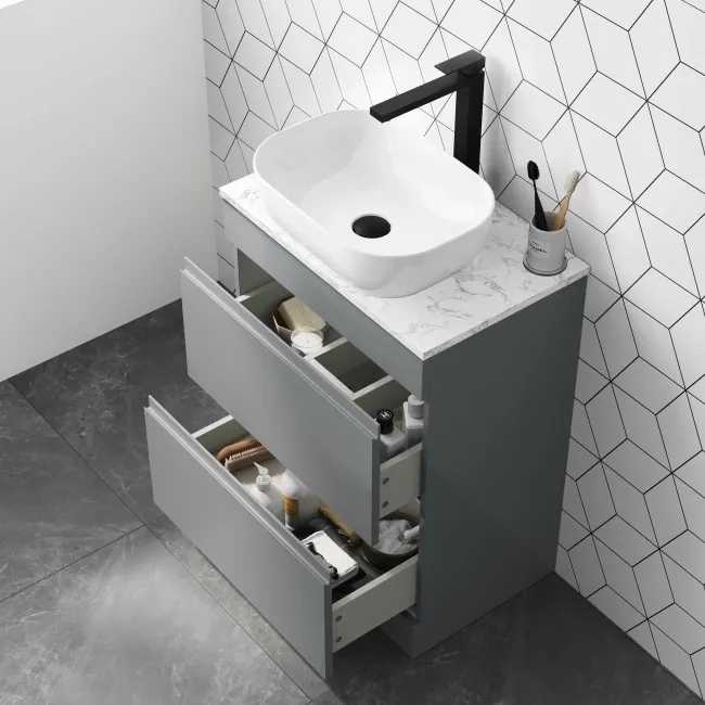 Trent Stone Grey Vanity Drawer with Marble Top & Curved Counter Top Basin 600mm