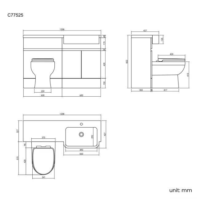 Foster Stone Grey Combination Vanity Basin and Seattle Toilet 1200mm - Right Handed