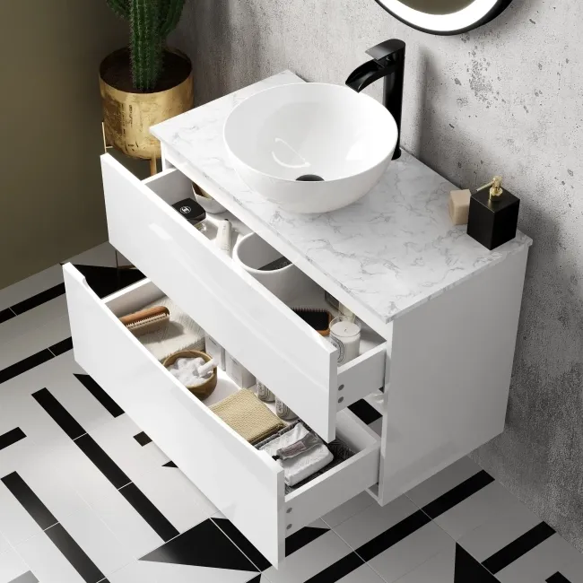 Austin Gloss White Counter Top Drawer with Marble Top 800mm - Excludes Counter Top Basin