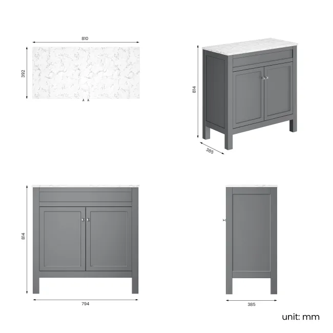 Bermuda Dove Grey Cabinet with Marble Top 800mm - Excludes Counter Top Basin