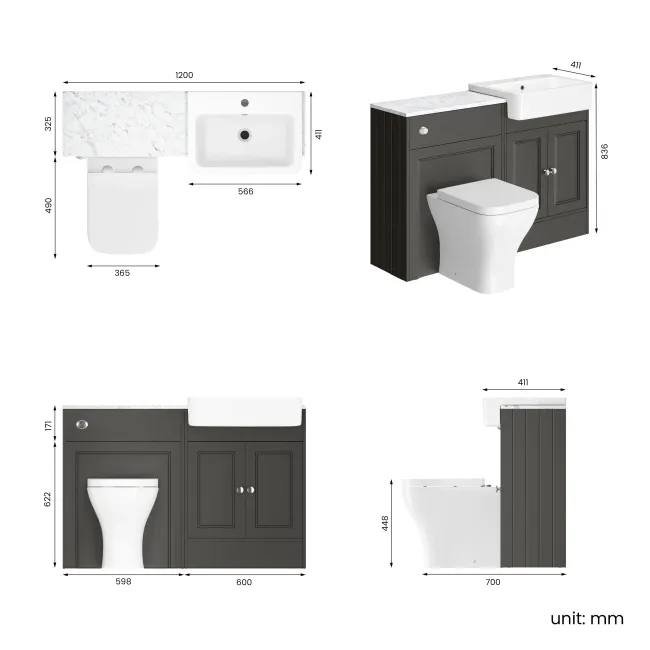 Monaco Graphite Grey Combination Vanity Basin with Marble Top & Atlanta Toilet 1200mm