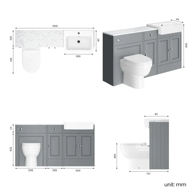 Monaco Dove Grey Combination Vanity Basin with Marble Top and Seattle Toilet 1500mm