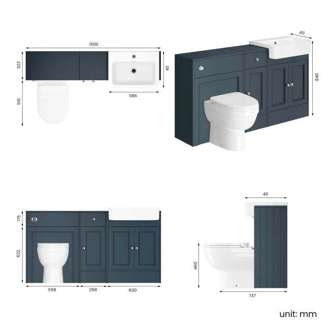 Monaco Inky Blue Combination Vanity Basin and Seattle Toilet 1500mm