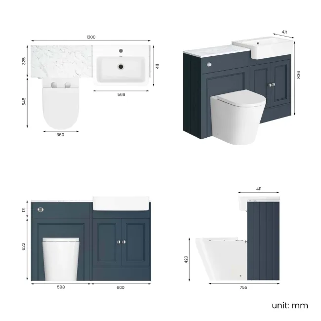Monaco Inky Blue Combination Vanity Basin with Marble Top & Boston Toilet 1200mm