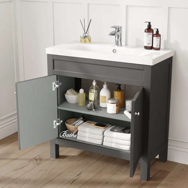 Bermuda Graphite Grey Combination Vanity Basin and Hudson Toilet with Wooden Seat 1300mm