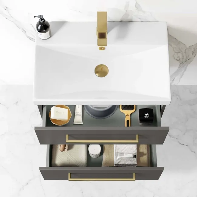 Elba Graphite Grey Wall Hung Basin Drawer Vanity 600mm - Brushed Brass Accents