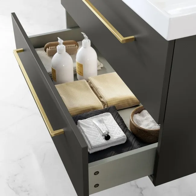 Elba Graphite Grey Wall Hung Basin Drawer Vanity 800mm - Brushed Brass Accents