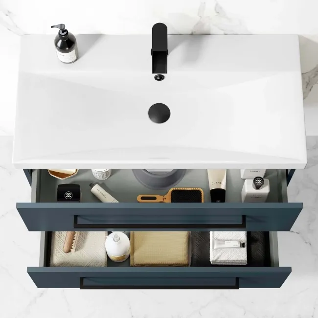 Elba Inky Blue Wall Hung Basin Drawer Vanity 800mm - Black Accents