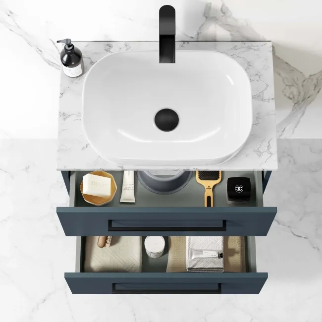 Elba Inky Blue Wall Hung Drawer Vanity with Marble Top & Curved Counter Top Basin 600mm - Black Accents