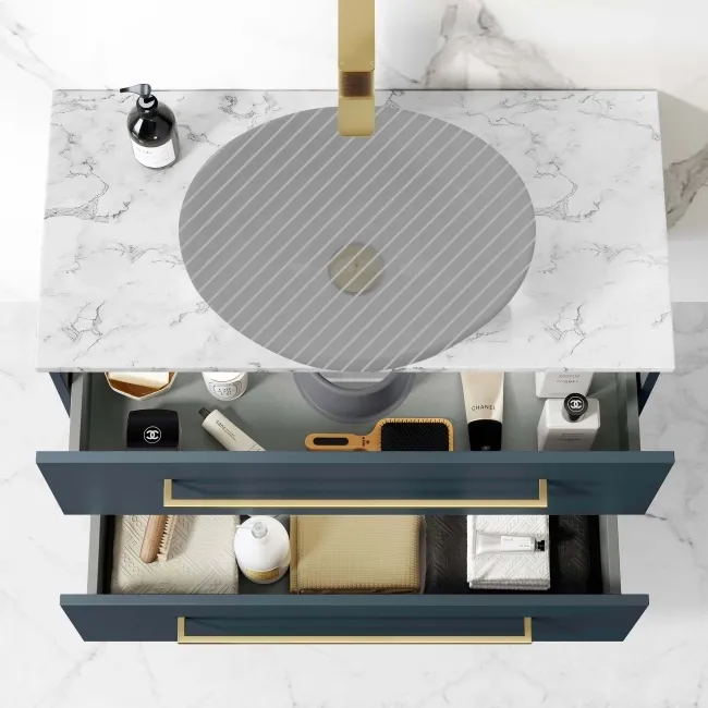Elba Inky Blue Wall Hung Drawer 800mm Excludes Counter Top Basin - Brushed Brass Accents