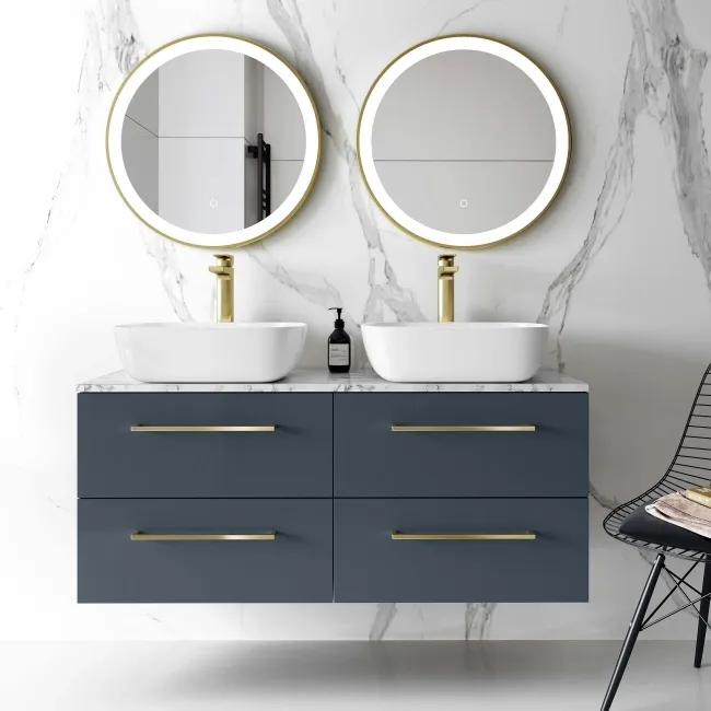Elba Inky Blue Double Wall Hung Drawer Vanity with Marble Top & Curved Basin 1200mm - Brushed Brass Accents