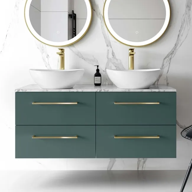 Elba Midnight Green Double Wall Hung Drawer Vanity with Marble Top & Oval Basin 1200mm - Brushed Brass Accents