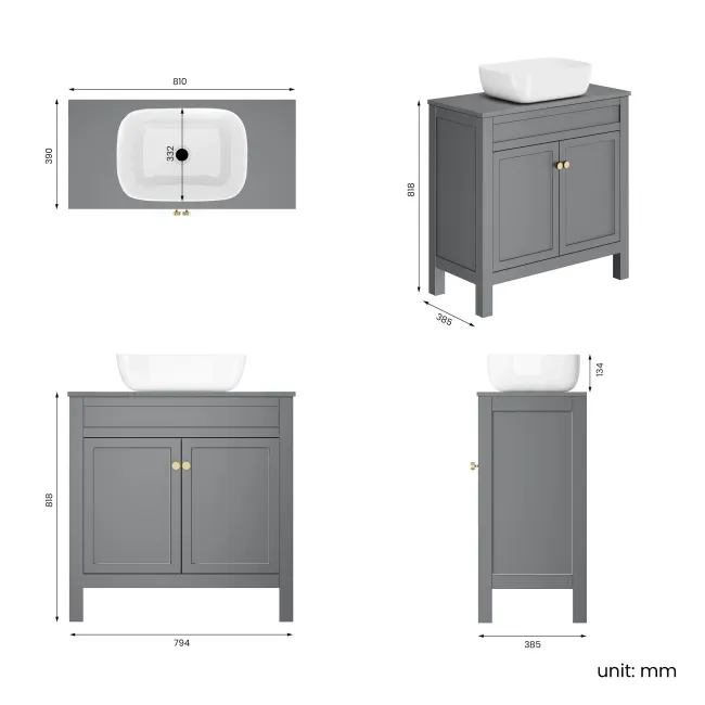 Bermuda Dove Grey Vanity with Curved Counter Top Basin 800mm - Brushed Brass Accents