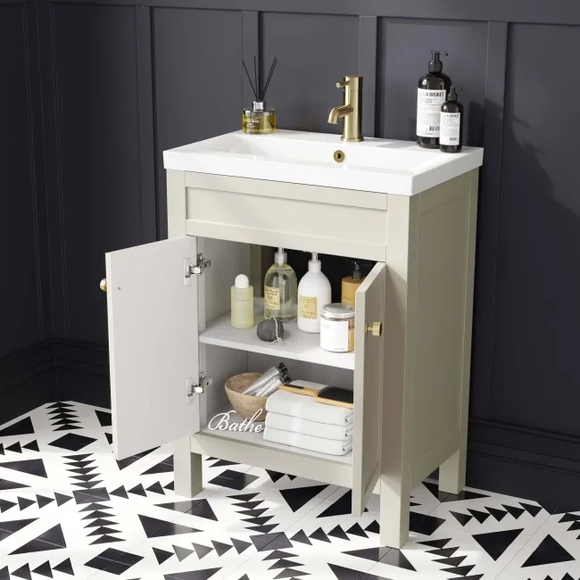 Bermuda Chalk White Basin Vanity 600mm - Brushed Brass Accents