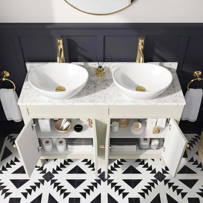 Bermuda Chalk White Vanity with Marble Top & Oval Counter Top Basin 1200mm - Brushed Brass Accents