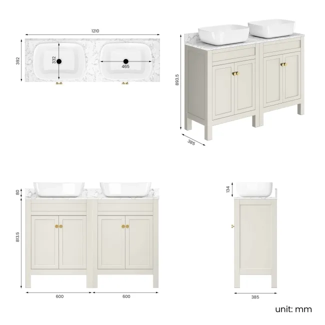 Bermuda Chalk White with Marble Top & Curved Counter Top Basin 1200mm - Brushed Brass Accents