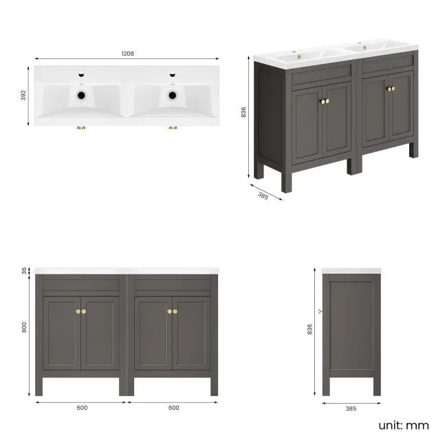 Bermuda Graphite Grey Double Basin Vanity 1200mm - Brushed Brass Accents