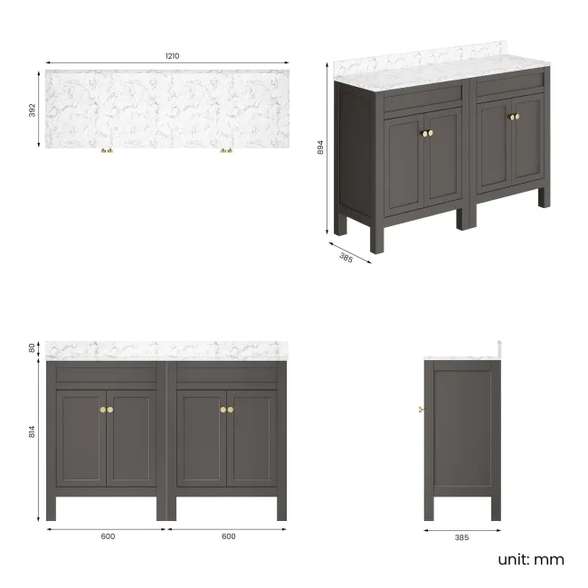 Bermuda Graphite Grey Cabinet with Marble Top 1200mm Excludes Counter Top Basins - Brushed Brass Accents