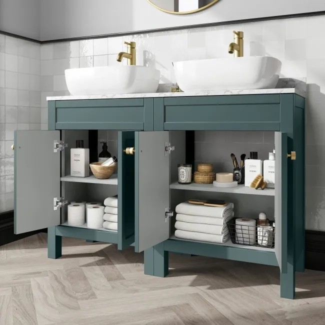 Bermuda Midnight Green Vanity with Marble Top & Curved Counter Top Basin 1200mm - Brushed Brass Accents